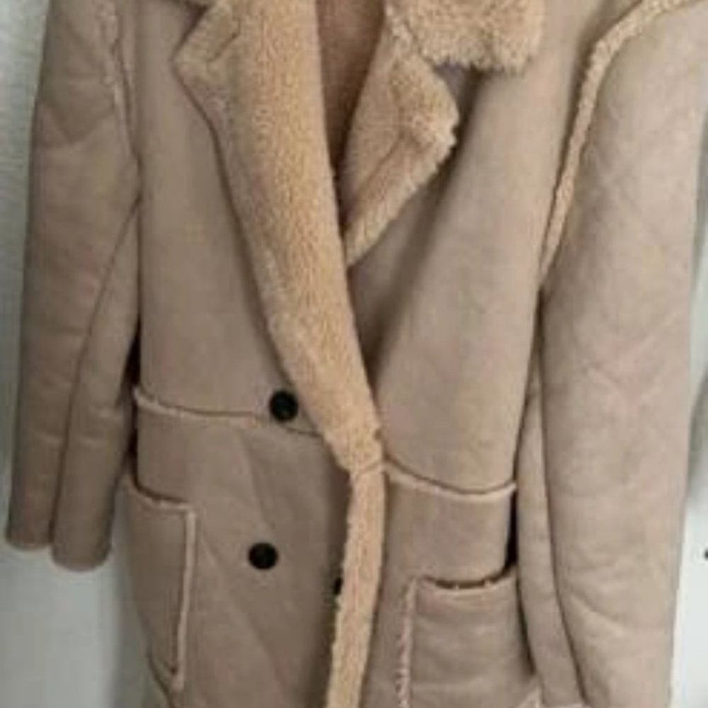 MODERN CHiC KHAKI DOUBLE BREASTED FAUX SUEDE TEDDY COAT - Picture 9 of 9